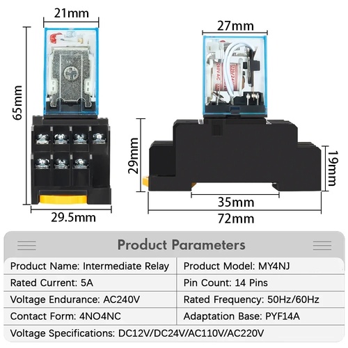MY2NJ MY4NJ DIN Rail Small Electromagnetic Relay Coil Power Relay DC24V With Socket Base 2NO 2NC
